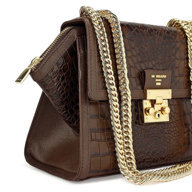 Da Milano Small Croco Leather Shoulder Bag - Walnut